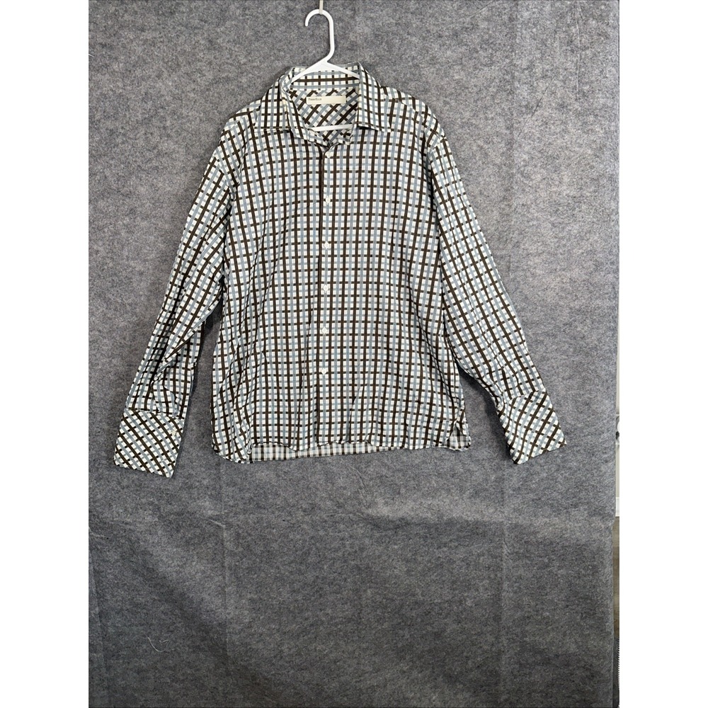 mens PERRY ELLIS‎ FRENCH CUFFS long sleeve shirt Button up XL Multicolor Plaid